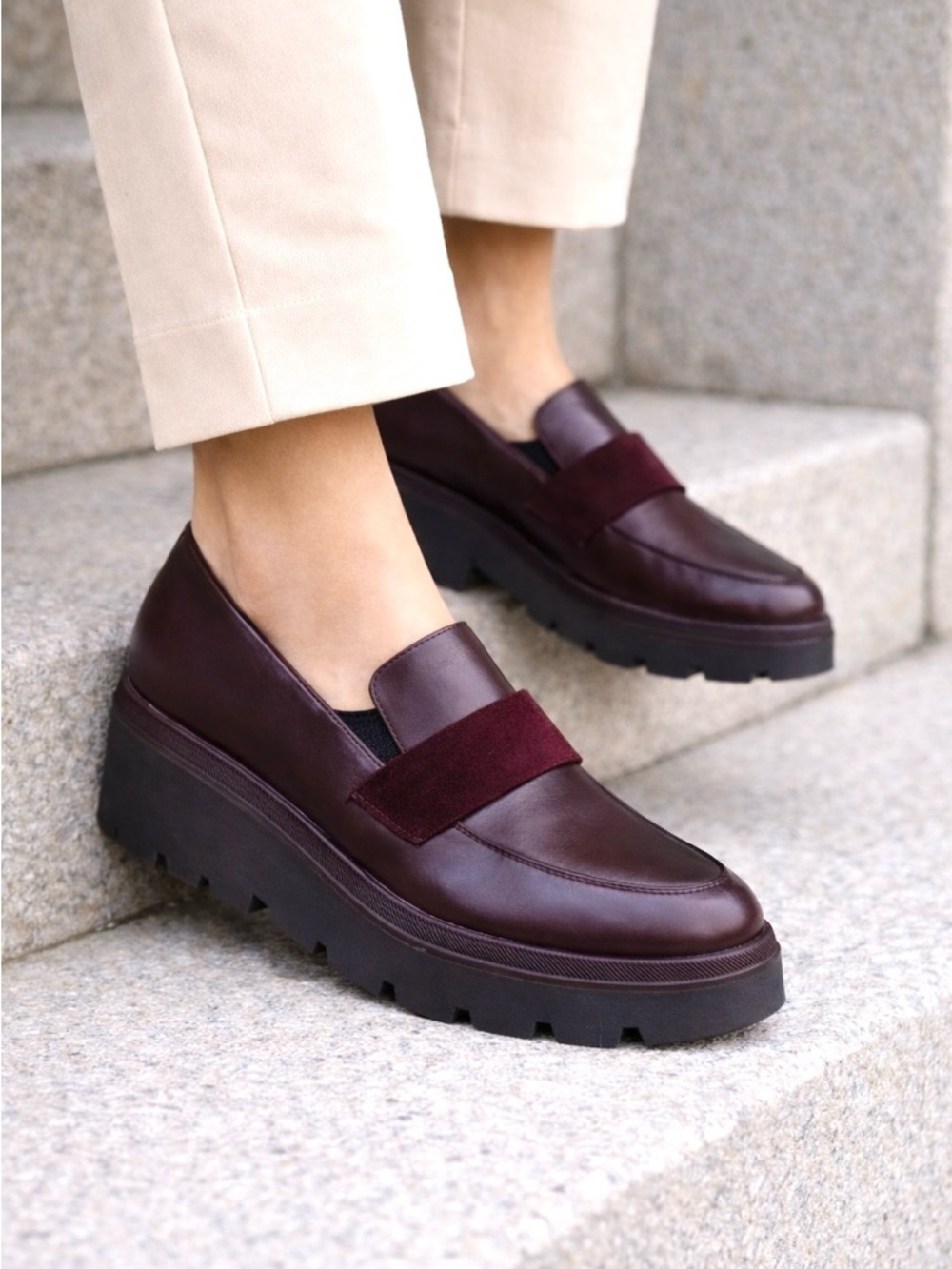 Ateliers Made in Italy Burgundy Leather Platform Loafers Wedge Slip On EU 41